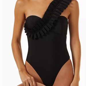 Andrea Iyamah Black One-Shoulder Ruffle One-Piece Swimsuit